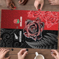New Zealand And England Rugby Puzzle Red Rose Mix Maori Pattern - Polynesian Pride