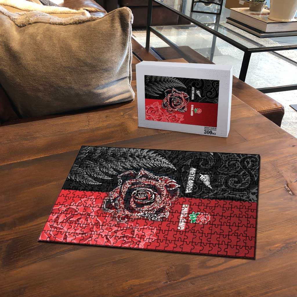 New Zealand And England Rugby Puzzle Red Rose Mix Maori Pattern - Polynesian Pride