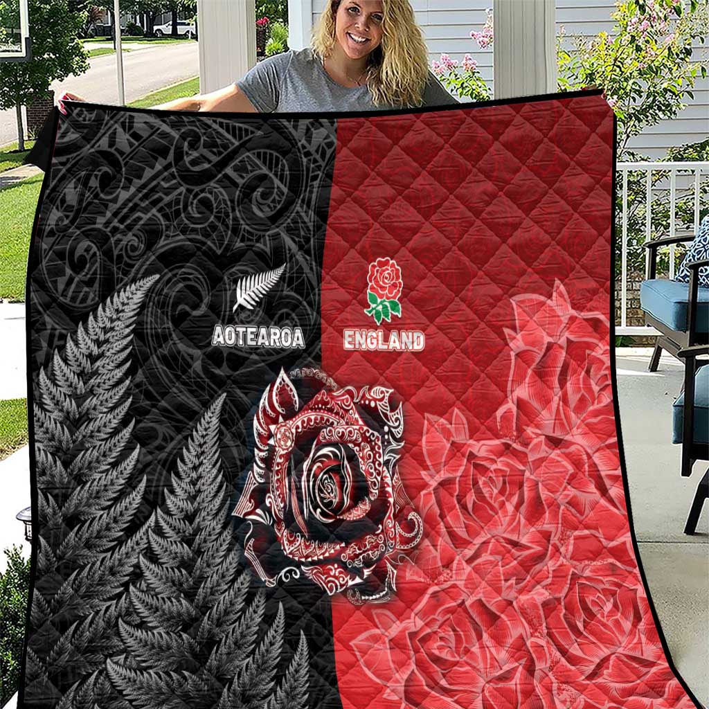 New Zealand And England Rugby Quilt Red Rose Mix Maori Pattern - Polynesian Pride