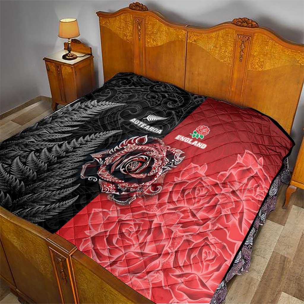 New Zealand And England Rugby Quilt Red Rose Mix Maori Pattern - Polynesian Pride