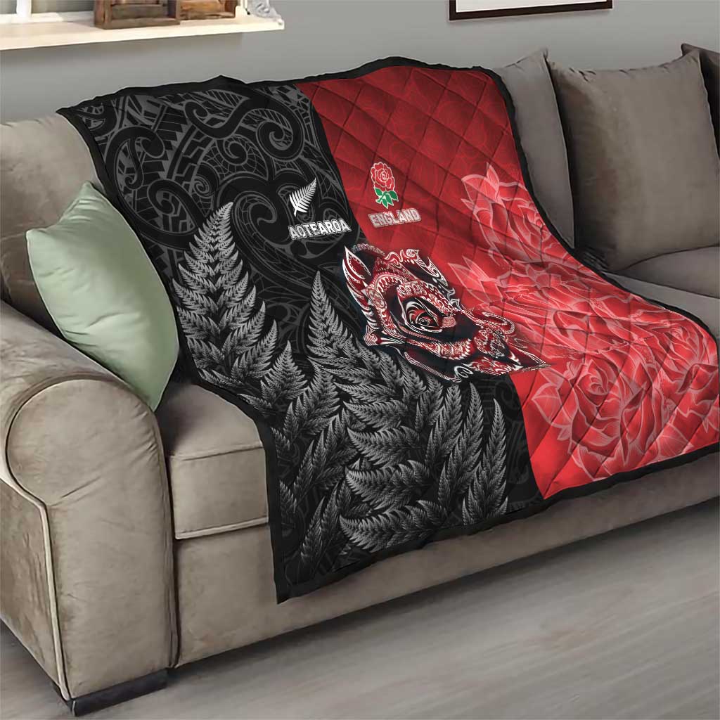 New Zealand And England Rugby Quilt Red Rose Mix Maori Pattern - Polynesian Pride