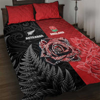 New Zealand And England Rugby Quilt Bed Set Red Rose Mix Maori Pattern - Polynesian Pride