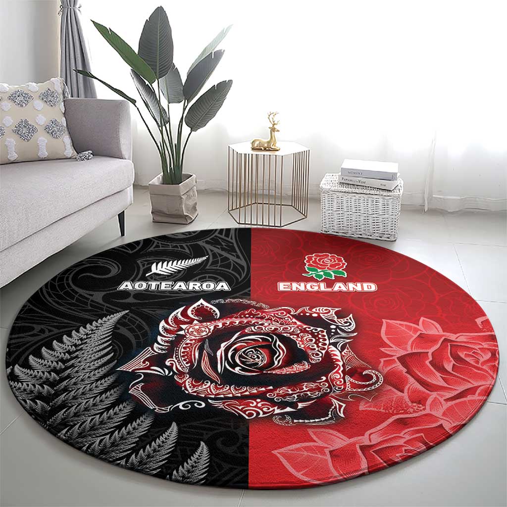 New Zealand And England Rugby Round Carpet Red Rose Mix Maori Pattern - Polynesian Pride