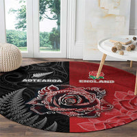 New Zealand And England Rugby Round Carpet Red Rose Mix Maori Pattern - Polynesian Pride
