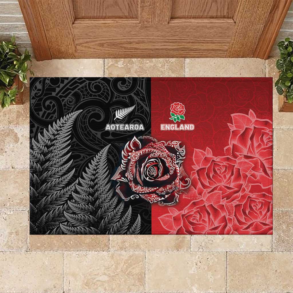 New Zealand And England Rugby Rubber Doormat Red Rose Mix Maori Pattern - Polynesian Pride
