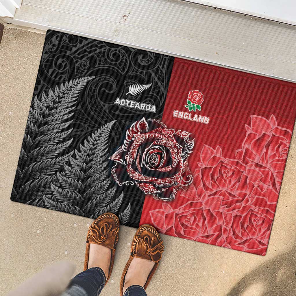 New Zealand And England Rugby Rubber Doormat Red Rose Mix Maori Pattern - Polynesian Pride