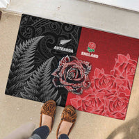 New Zealand And England Rugby Rubber Doormat Red Rose Mix Maori Pattern - Polynesian Pride