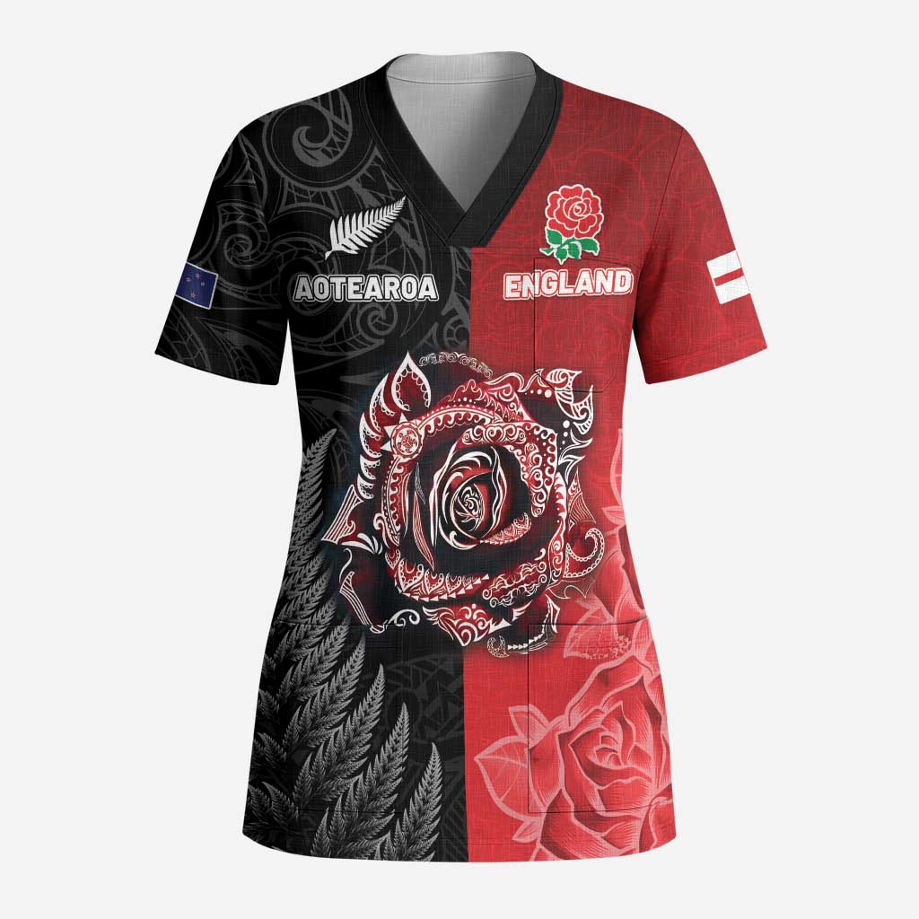 New Zealand And England Rugby Custom Scrub Top Red Rose Mix Maori Pattern - Polynesian Pride