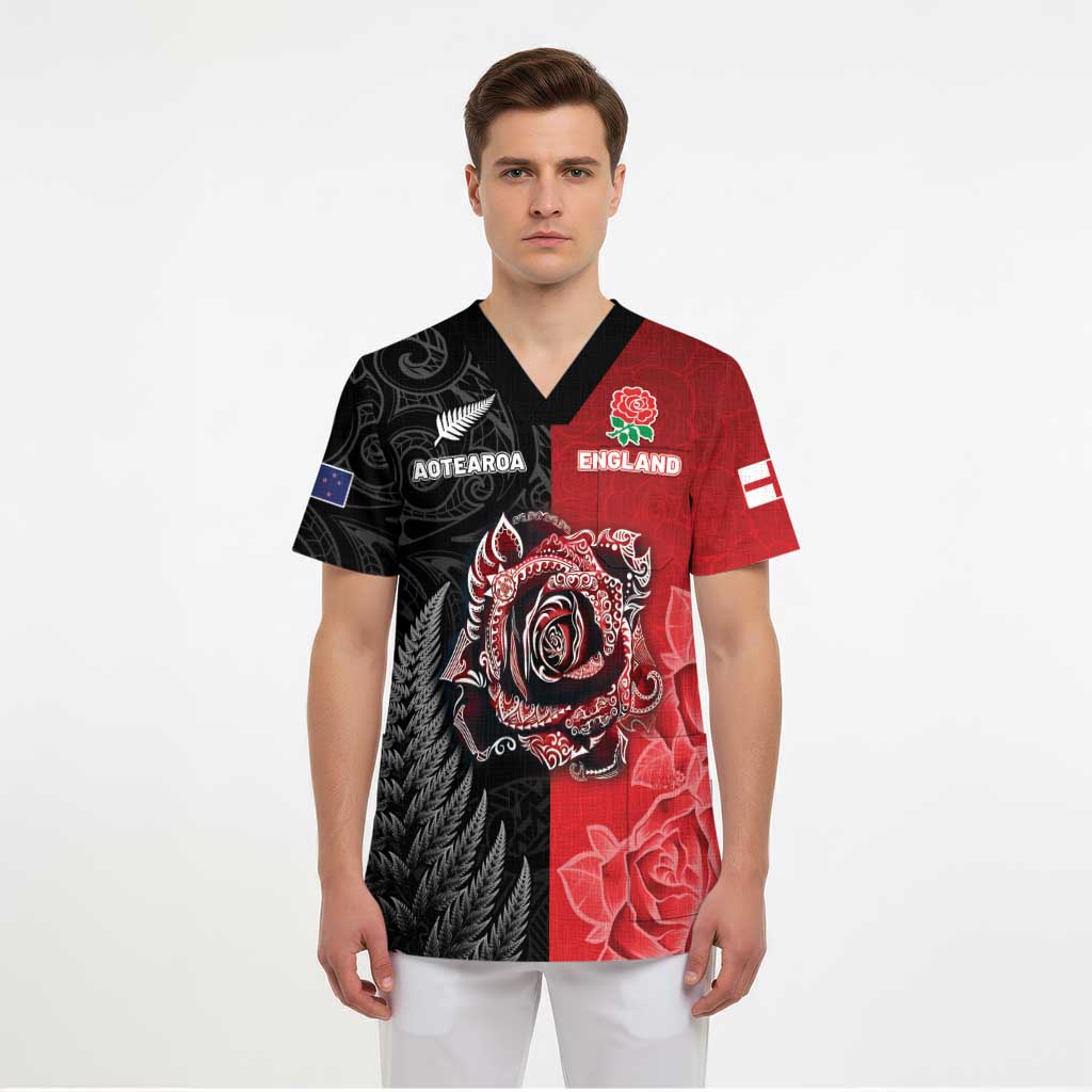 New Zealand And England Rugby Custom Scrub Top Red Rose Mix Maori Pattern - Polynesian Pride