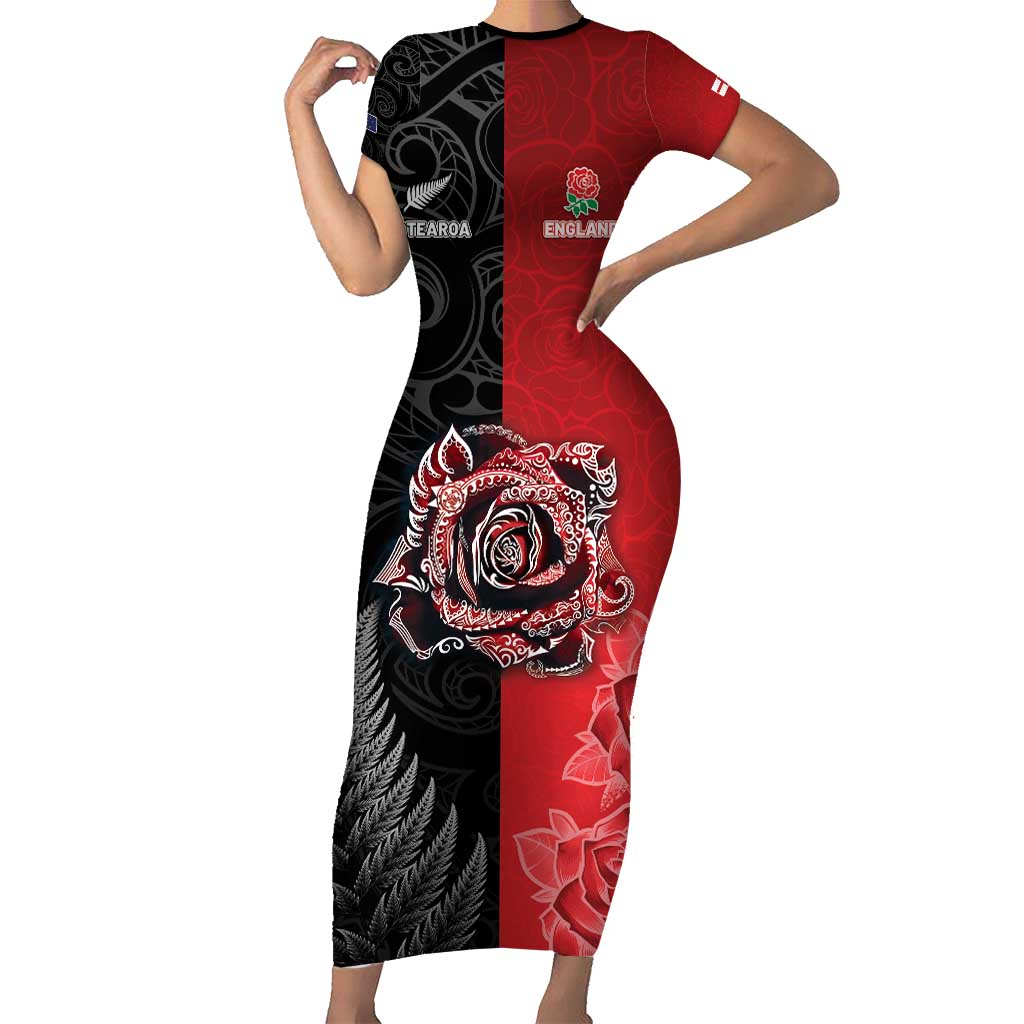 New Zealand And England Rugby Custom Short Sleeve Bodycon Dress Red Rose Mix Maori Pattern - Polynesian Pride