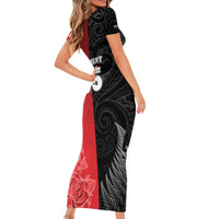 New Zealand And England Rugby Custom Short Sleeve Bodycon Dress Red Rose Mix Maori Pattern - Polynesian Pride