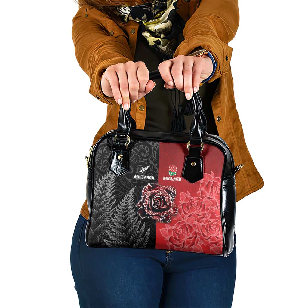 New Zealand And England Rugby Shoulder Handbag Red Rose Mix Maori Pattern - Polynesian Pride