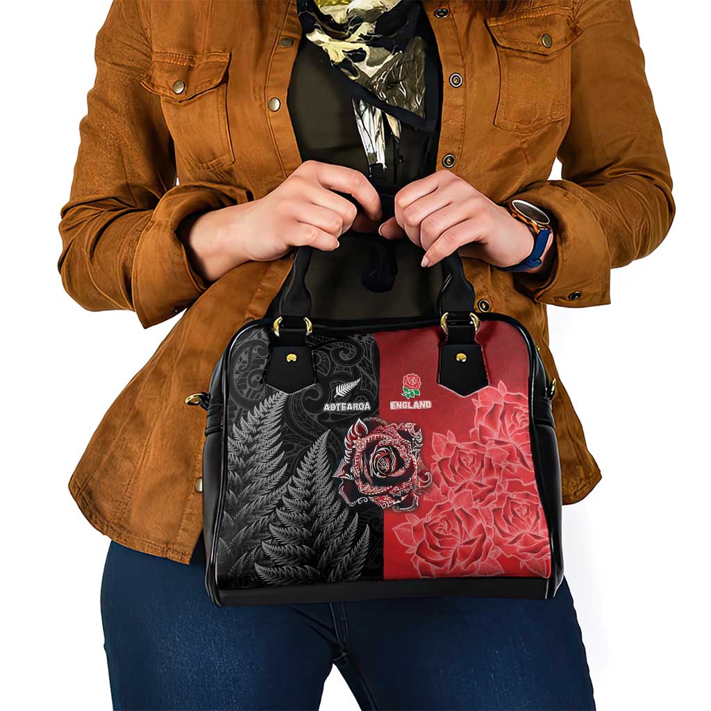 New Zealand And England Rugby Shoulder Handbag Red Rose Mix Maori Pattern - Polynesian Pride