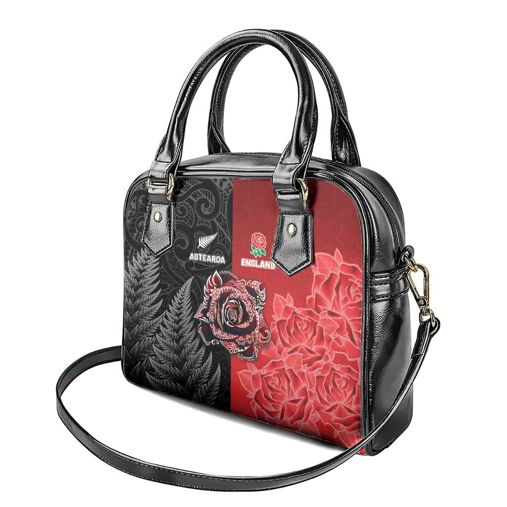 New Zealand And England Rugby Shoulder Handbag Red Rose Mix Maori Pattern - Polynesian Pride