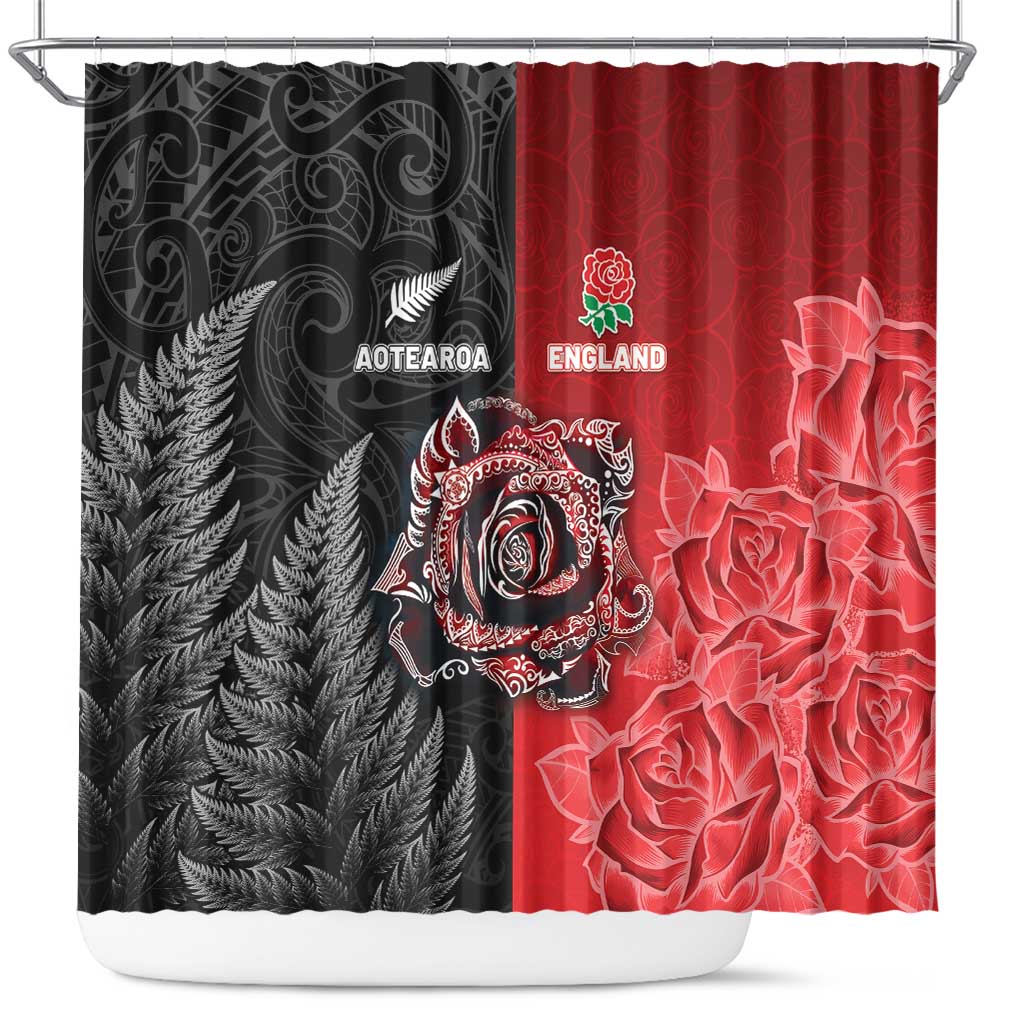 New Zealand And England Rugby Shower Curtain Red Rose Mix Maori Pattern - Polynesian Pride