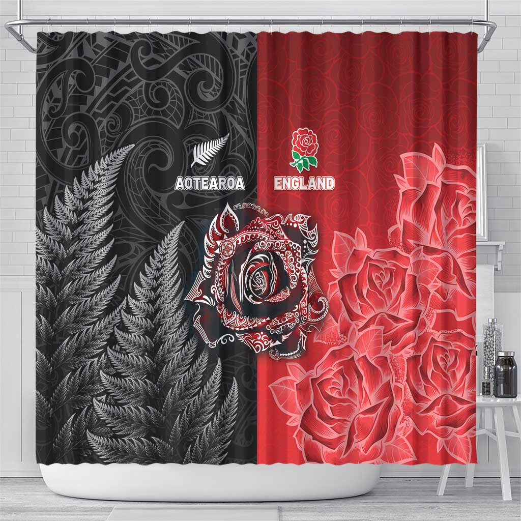 New Zealand And England Rugby Shower Curtain Red Rose Mix Maori Pattern - Polynesian Pride