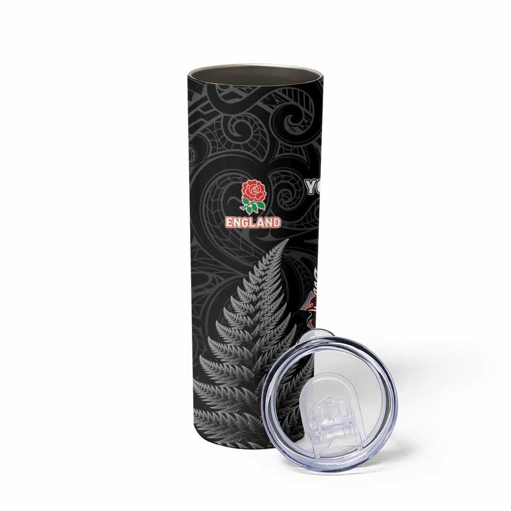 New Zealand And England Rugby Custom Skinny Tumbler Red Rose Mix Maori Pattern - Polynesian Pride