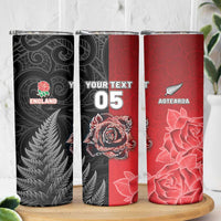 New Zealand And England Rugby Custom Skinny Tumbler Red Rose Mix Maori Pattern - Polynesian Pride