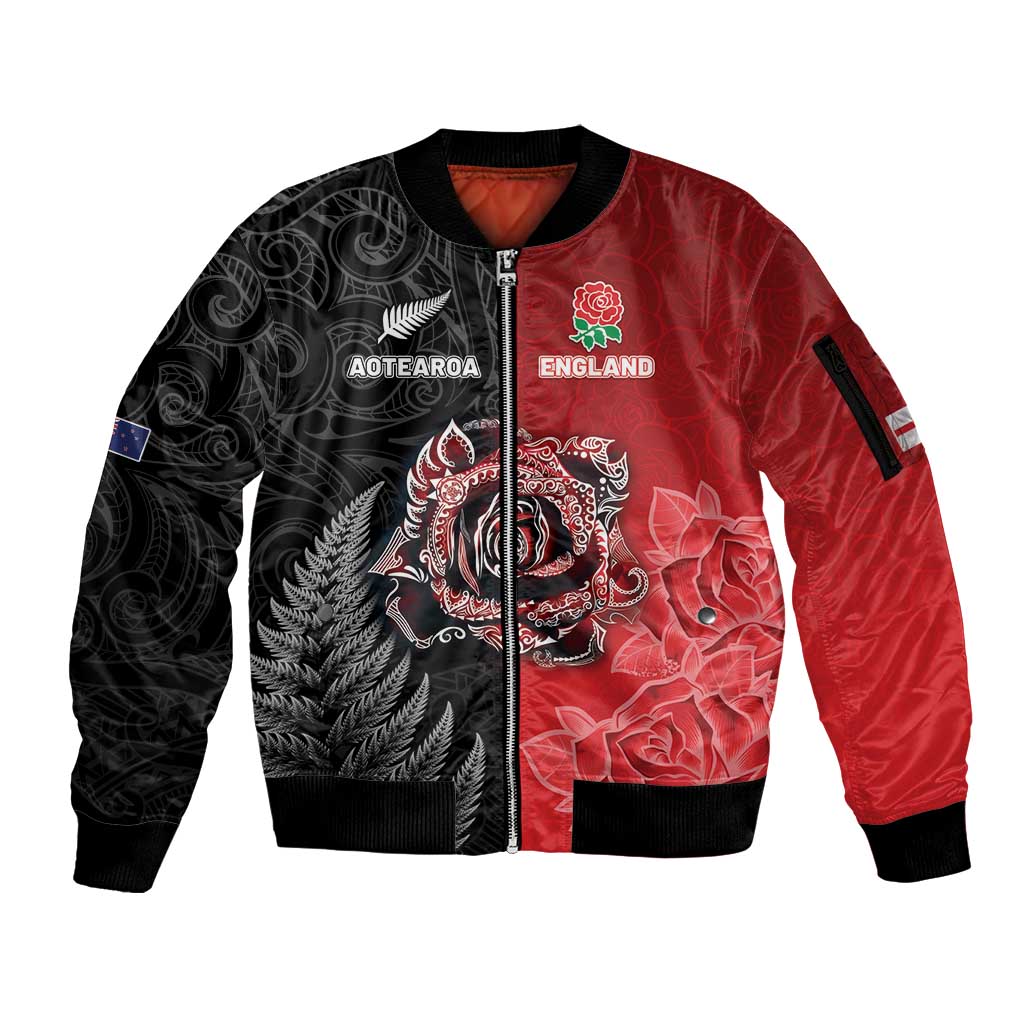 New Zealand And England Rugby Custom Sleeve Zip Bomber Jacket Red Rose Mix Maori Pattern - Polynesian Pride