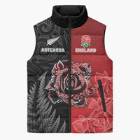 New Zealand And England Rugby Custom Sleeveless Puffer Jacket Red Rose Mix Maori Pattern - Polynesian Pride