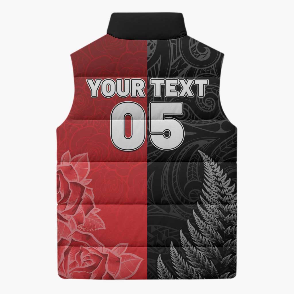 New Zealand And England Rugby Custom Sleeveless Puffer Jacket Red Rose Mix Maori Pattern - Polynesian Pride