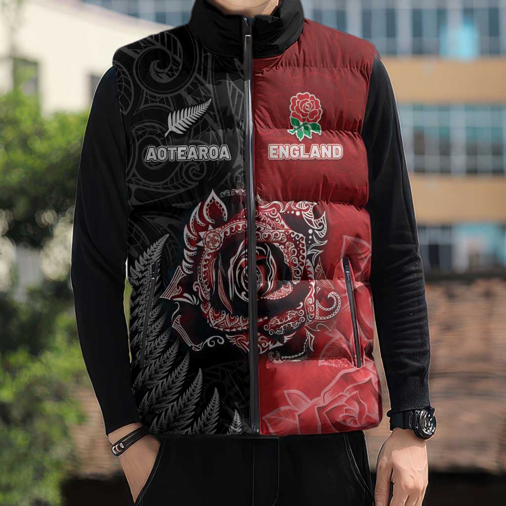 New Zealand And England Rugby Custom Sleeveless Puffer Jacket Red Rose Mix Maori Pattern - Polynesian Pride