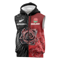 New Zealand And England Rugby Custom Sleeveless Zip Hoodie Red Rose Mix Maori Pattern - Polynesian Pride