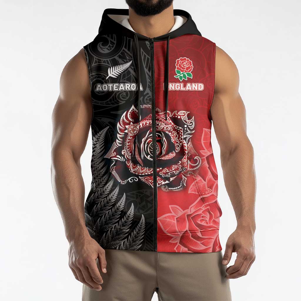 New Zealand And England Rugby Custom Sleeveless Zip Hoodie Red Rose Mix Maori Pattern - Polynesian Pride