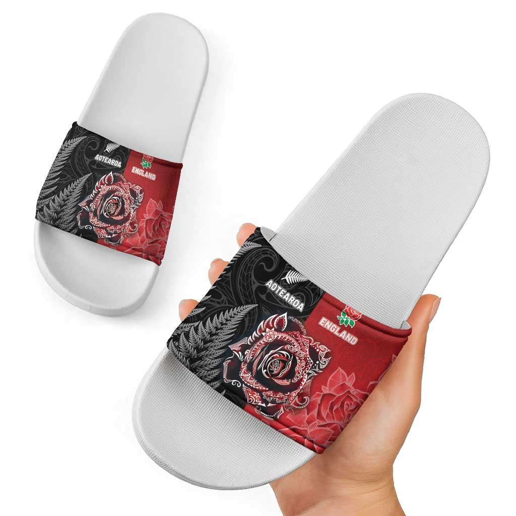 New Zealand And England Rugby Slide Sandals Red Rose Mix Maori Pattern - Polynesian Pride