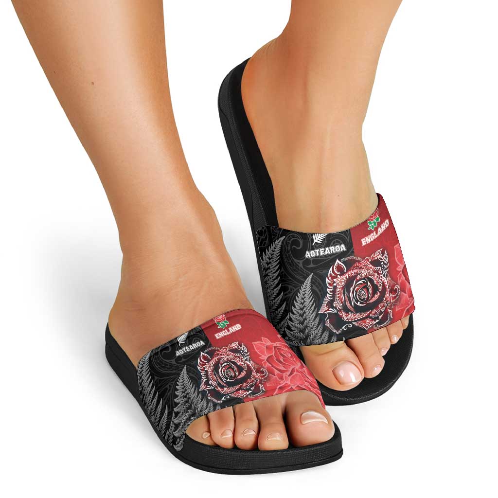 New Zealand And England Rugby Slide Sandals Red Rose Mix Maori Pattern - Polynesian Pride