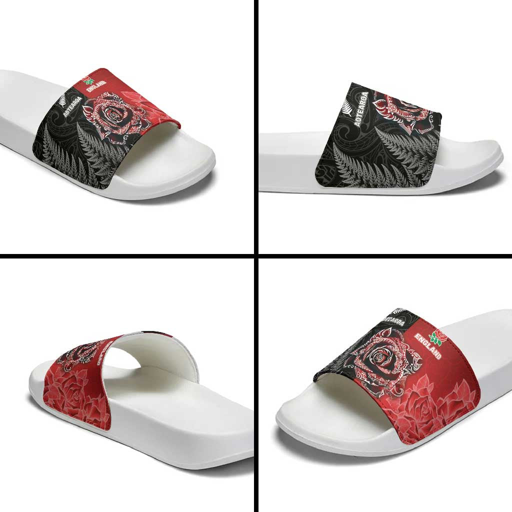 New Zealand And England Rugby Slide Sandals Red Rose Mix Maori Pattern - Polynesian Pride