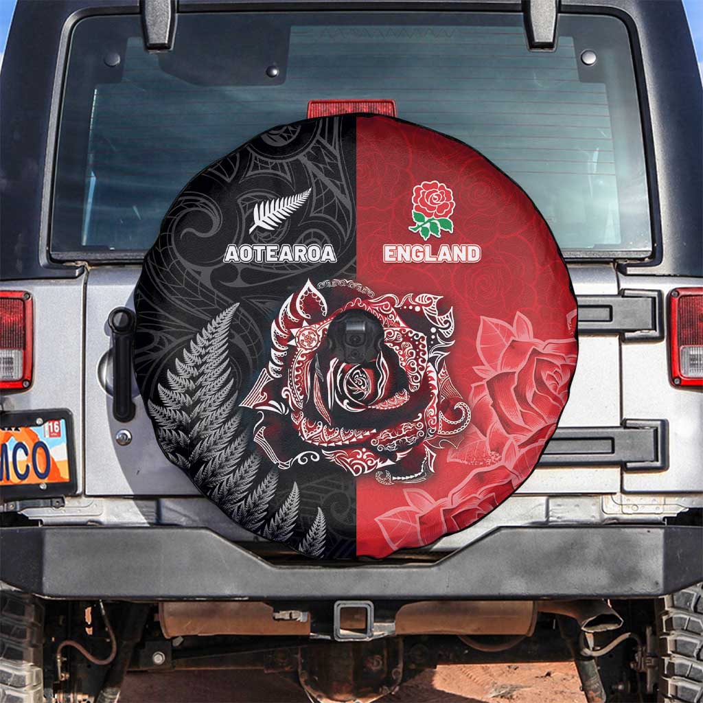 New Zealand And England Rugby Spare Tire Cover Red Rose Mix Maori Pattern - Polynesian Pride