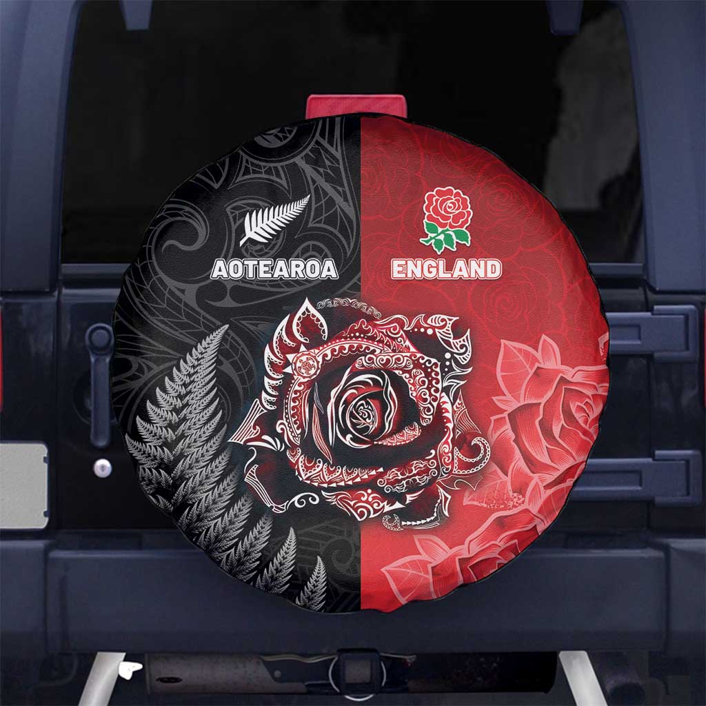 New Zealand And England Rugby Spare Tire Cover Red Rose Mix Maori Pattern - Polynesian Pride