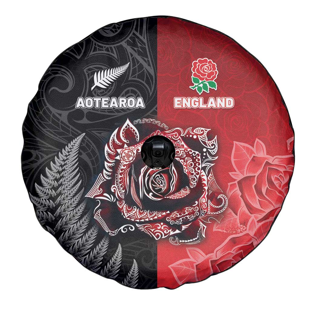 New Zealand And England Rugby Spare Tire Cover Red Rose Mix Maori Pattern - Polynesian Pride
