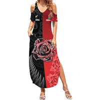 New Zealand And England Rugby Custom Summer Maxi Dress Red Rose Mix Maori Pattern - Polynesian Pride