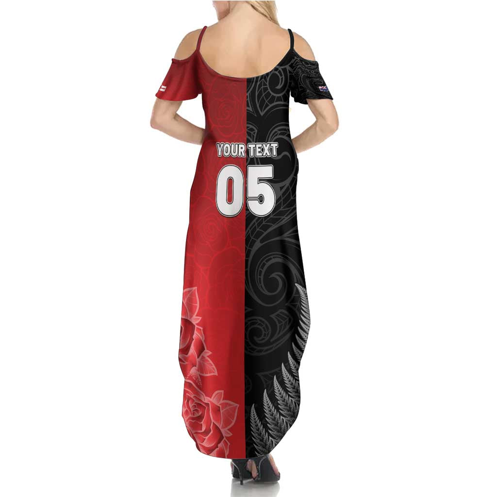 New Zealand And England Rugby Custom Summer Maxi Dress Red Rose Mix Maori Pattern - Polynesian Pride
