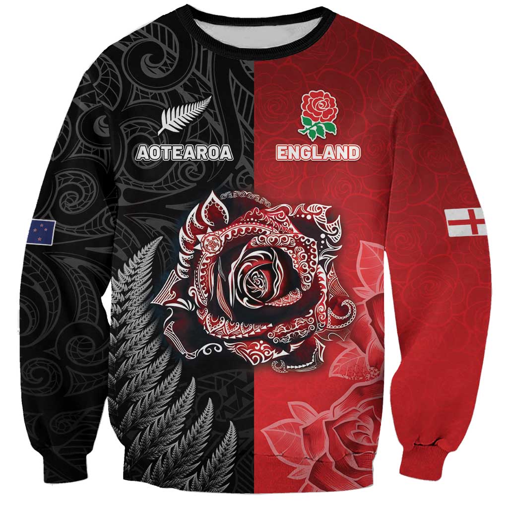 New Zealand And England Rugby Custom Sweatshirt Red Rose Mix Maori Pattern - Polynesian Pride