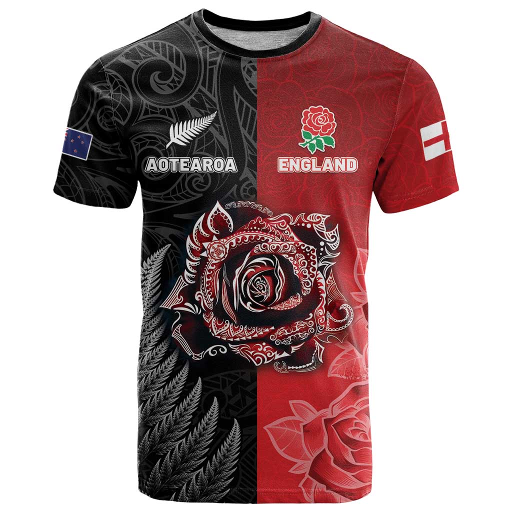 New Zealand And England Rugby Custom T Shirt Red Rose Mix Maori Pattern - Polynesian Pride