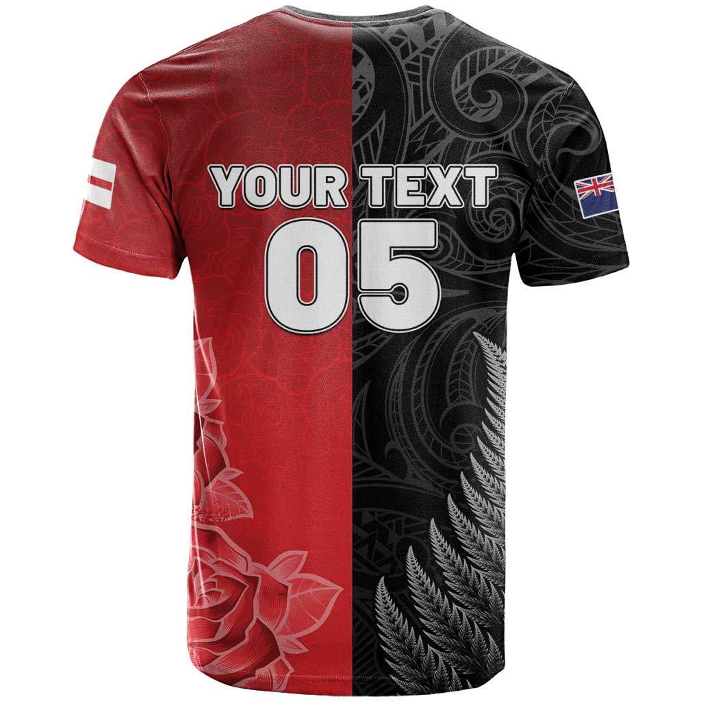 New Zealand And England Rugby Custom T Shirt Red Rose Mix Maori Pattern - Polynesian Pride