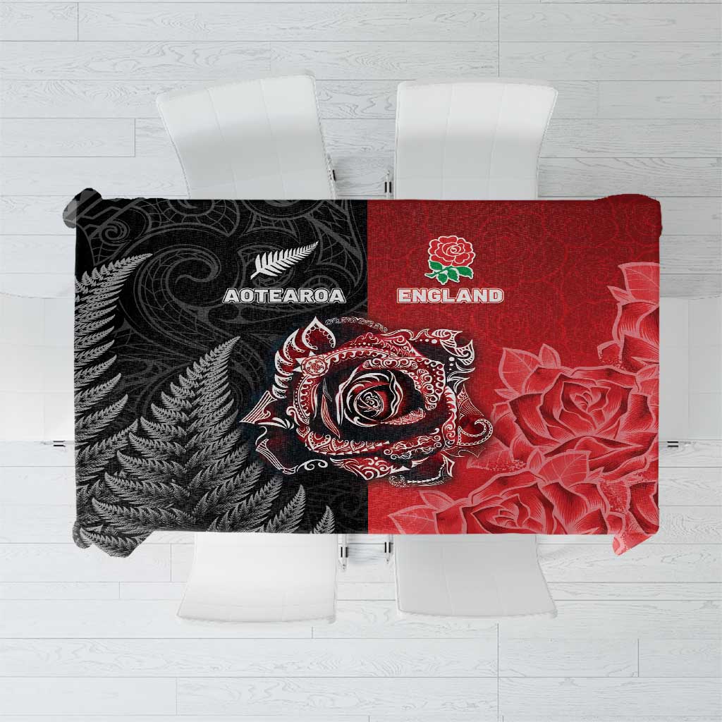 New Zealand And England Rugby Tablecloth Red Rose Mix Maori Pattern - Polynesian Pride