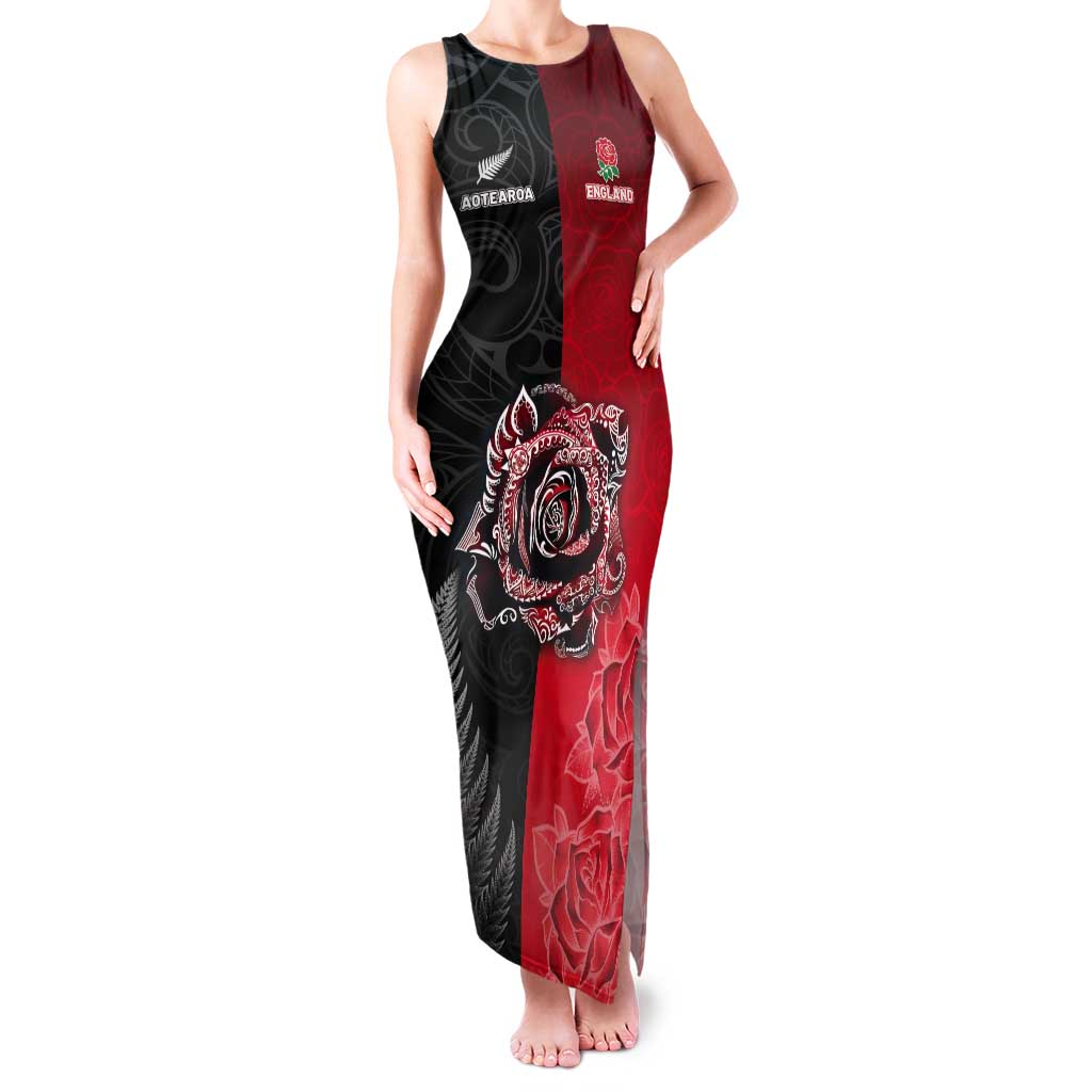 New Zealand And England Rugby Custom Tank Maxi Dress Red Rose Mix Maori Pattern - Polynesian Pride