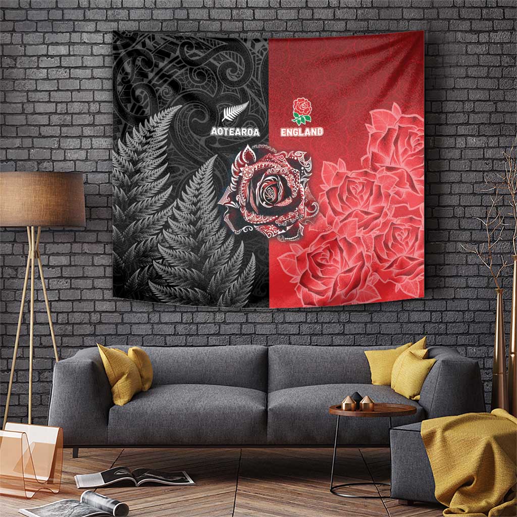 New Zealand And England Rugby Tapestry Red Rose Mix Maori Pattern - Polynesian Pride