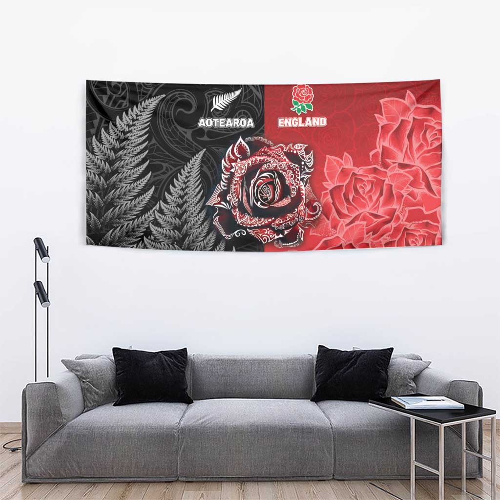 New Zealand And England Rugby Tapestry Red Rose Mix Maori Pattern - Polynesian Pride