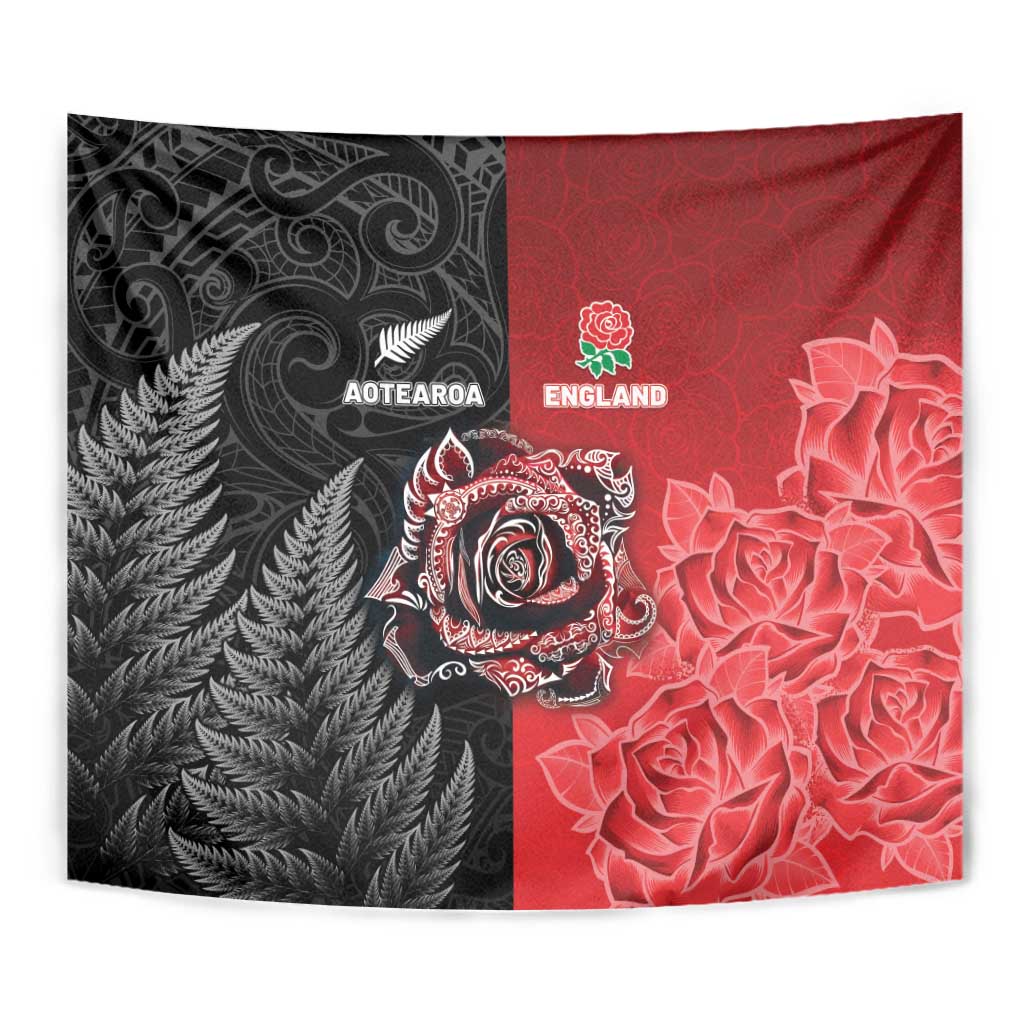 New Zealand And England Rugby Tapestry Red Rose Mix Maori Pattern - Polynesian Pride