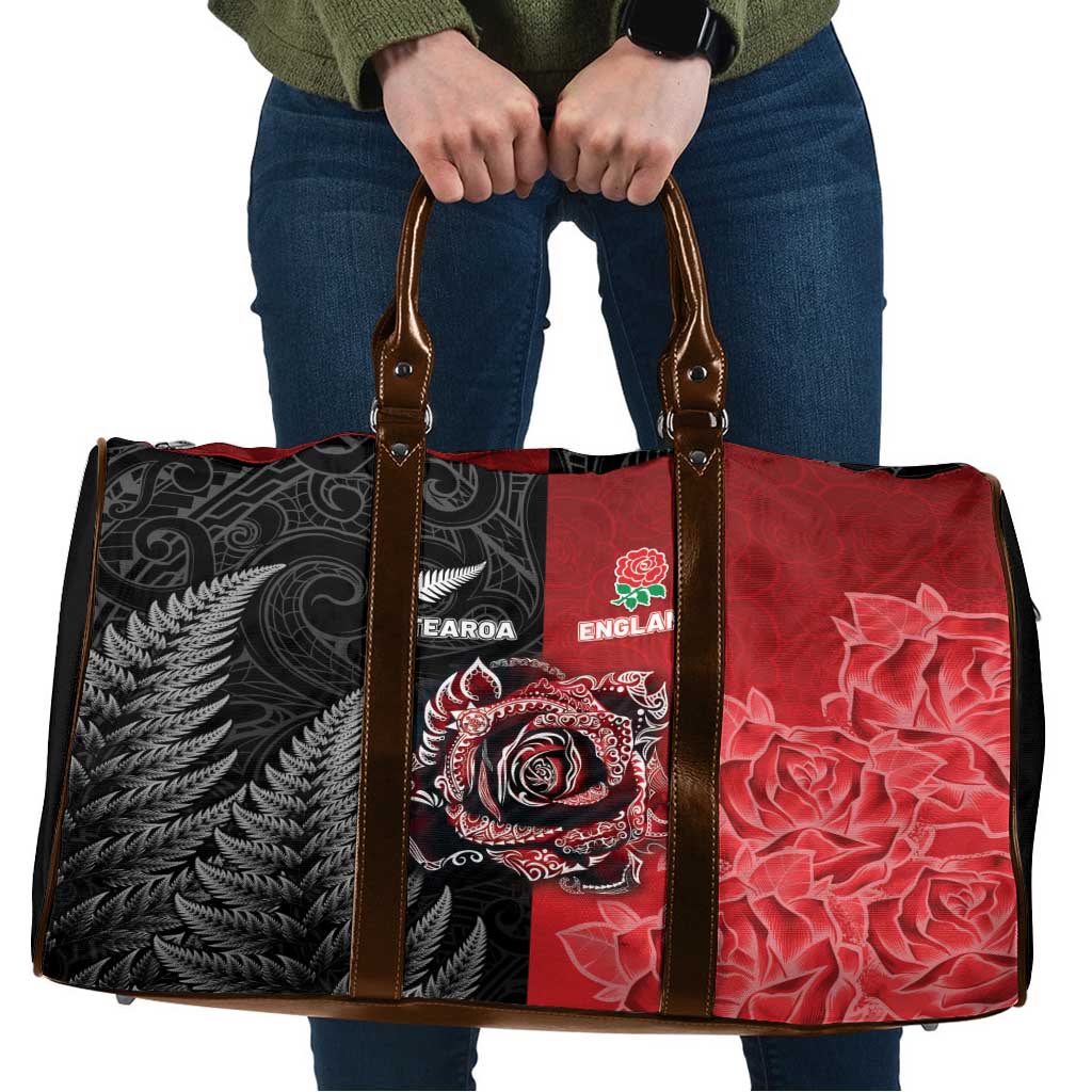 New Zealand And England Rugby Travel Bag Red Rose Mix Maori Pattern - Polynesian Pride