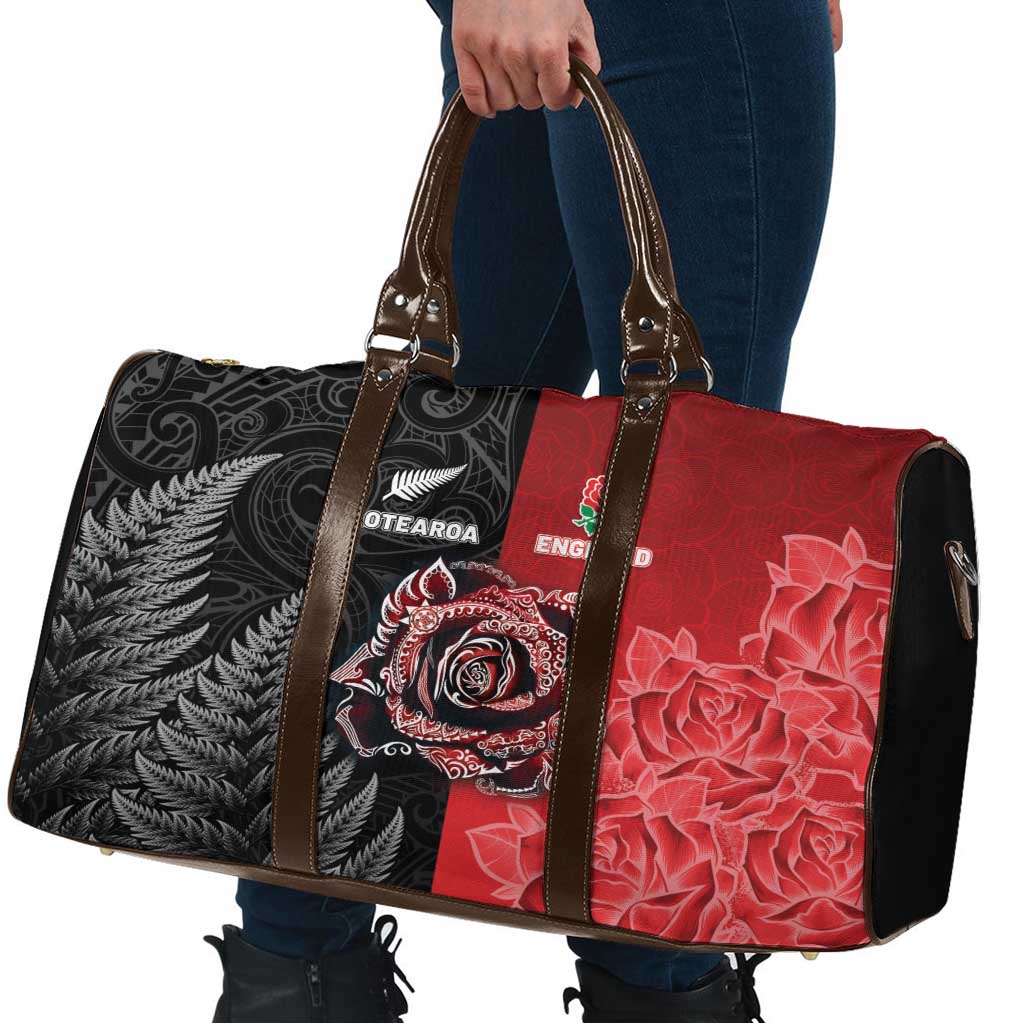 New Zealand And England Rugby Travel Bag Red Rose Mix Maori Pattern - Polynesian Pride