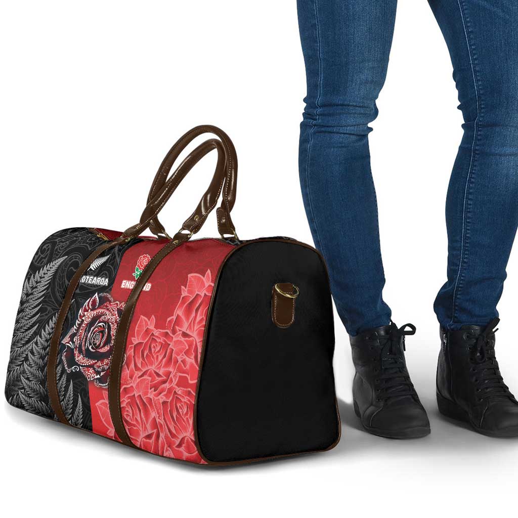 New Zealand And England Rugby Travel Bag Red Rose Mix Maori Pattern - Polynesian Pride