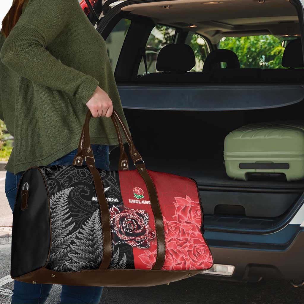 New Zealand And England Rugby Travel Bag Red Rose Mix Maori Pattern - Polynesian Pride