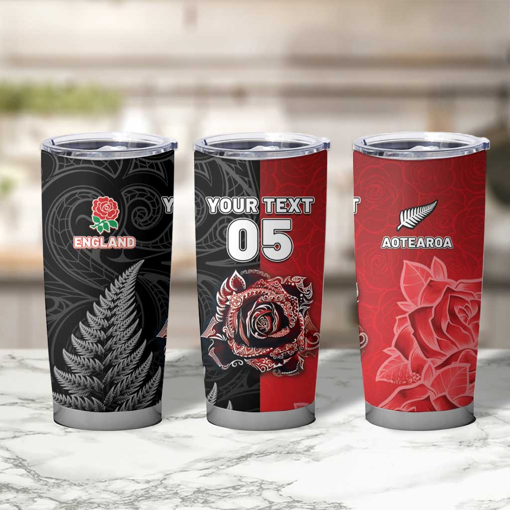 New Zealand And England Rugby Custom Tumbler Cup Red Rose Mix Maori Pattern - Polynesian Pride