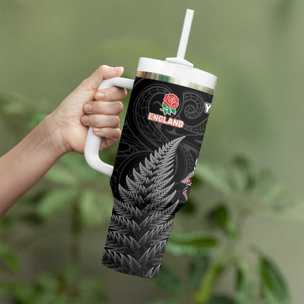 New Zealand And England Rugby Custom Tumbler With Handle Red Rose Mix Maori Pattern - Polynesian Pride